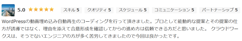 WordPressの動画埋め込みコーディング案件での高評価レビュー。プロとしての能動的な提案と誠実な進め方を評価する、星5.0の満点コメント。