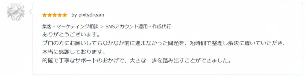 SNSアカウント運用代行での顧客評価。プロの視点による迅速な問題整理と的確なサポートにより、停滞していた課題を解決へ導いた実績を示す星5つのレビュー。